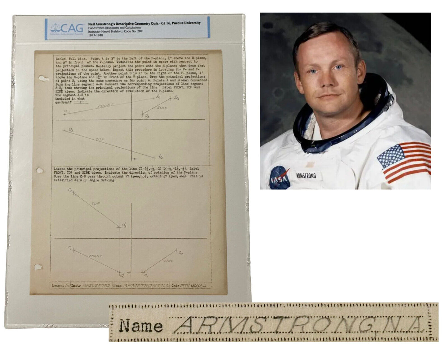 Neil Armstrong Signed Geometry Quiz from Purdue! W/ Hand Drawn Calculations! CAG