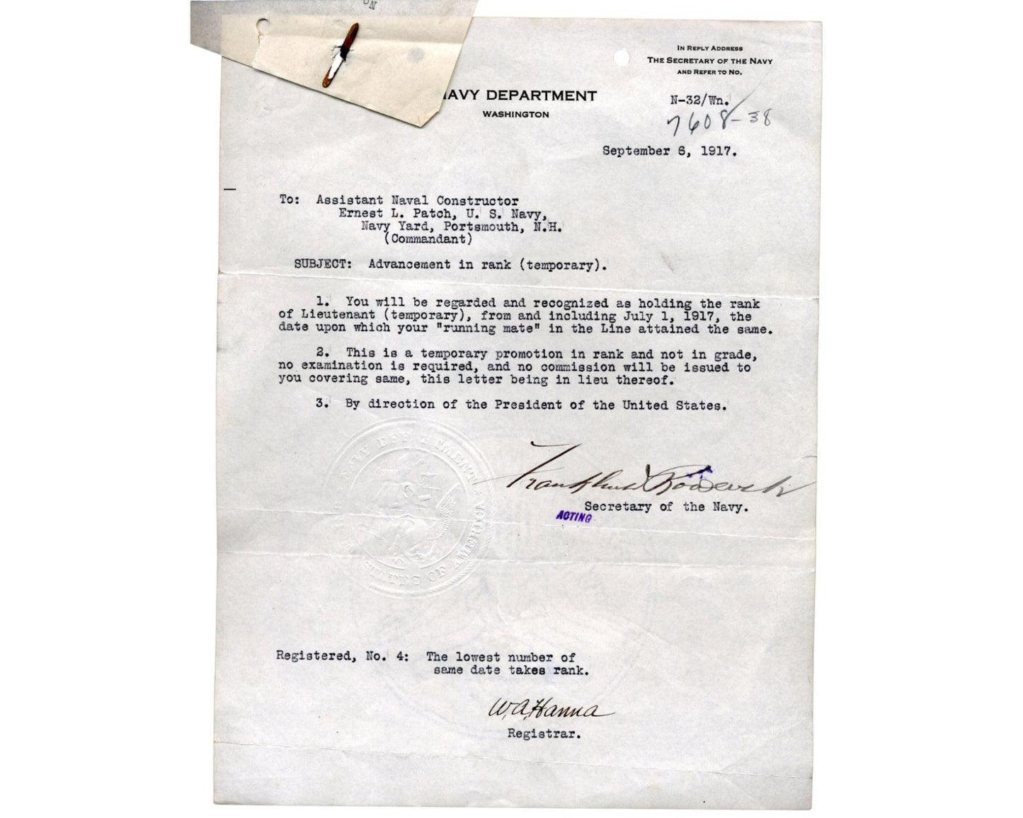 President Franklin D. Roosevelt Signed Letter Wartime (WWI) Promotion to Lt. PSA