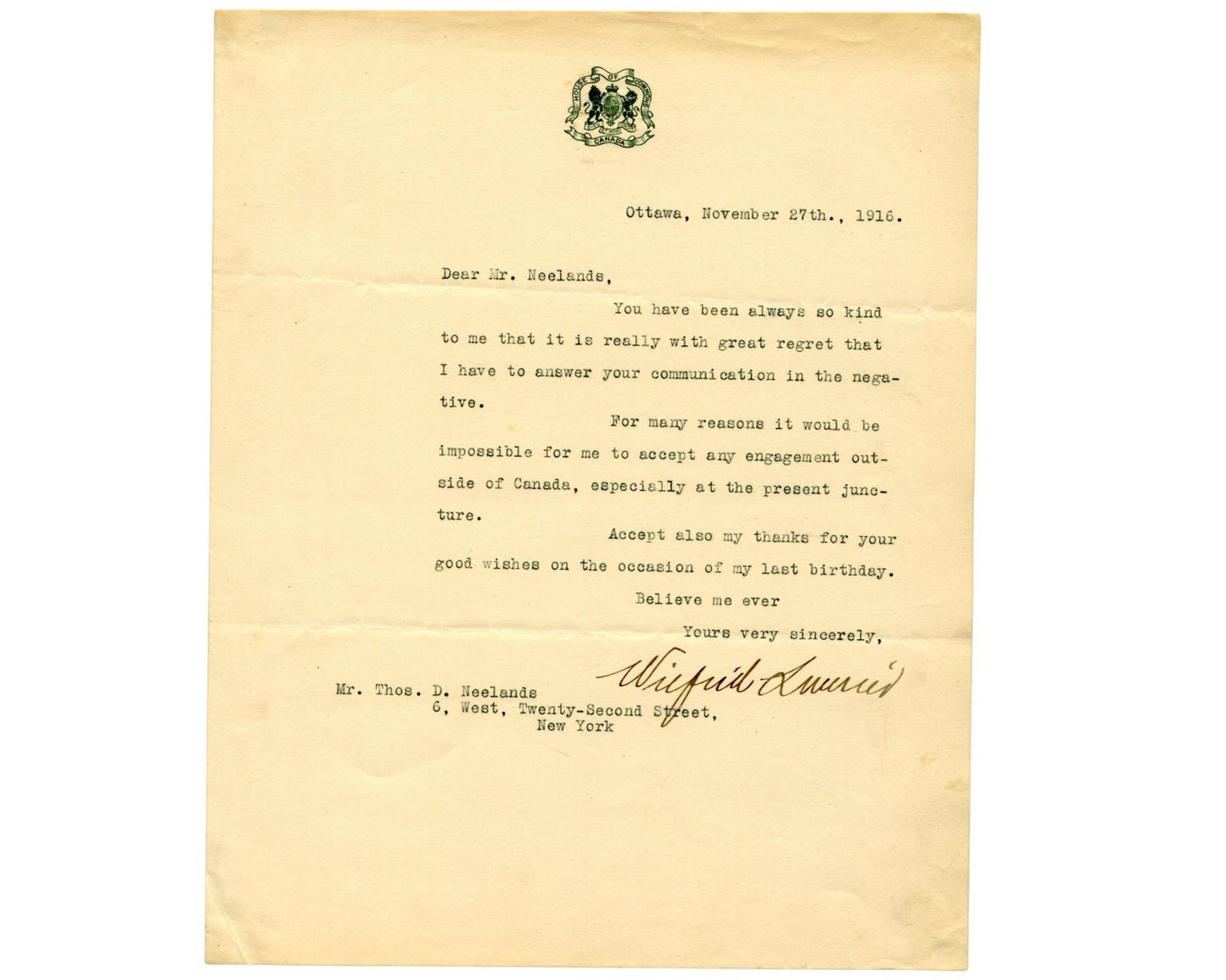 Canada Prime Minister WILFRID LAURIE Makes Wartime Refusal Signed Letter - Rare!
