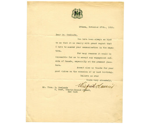 Canada Prime Minister WILFRID LAURIE Makes Wartime Refusal Signed Letter - Rare!