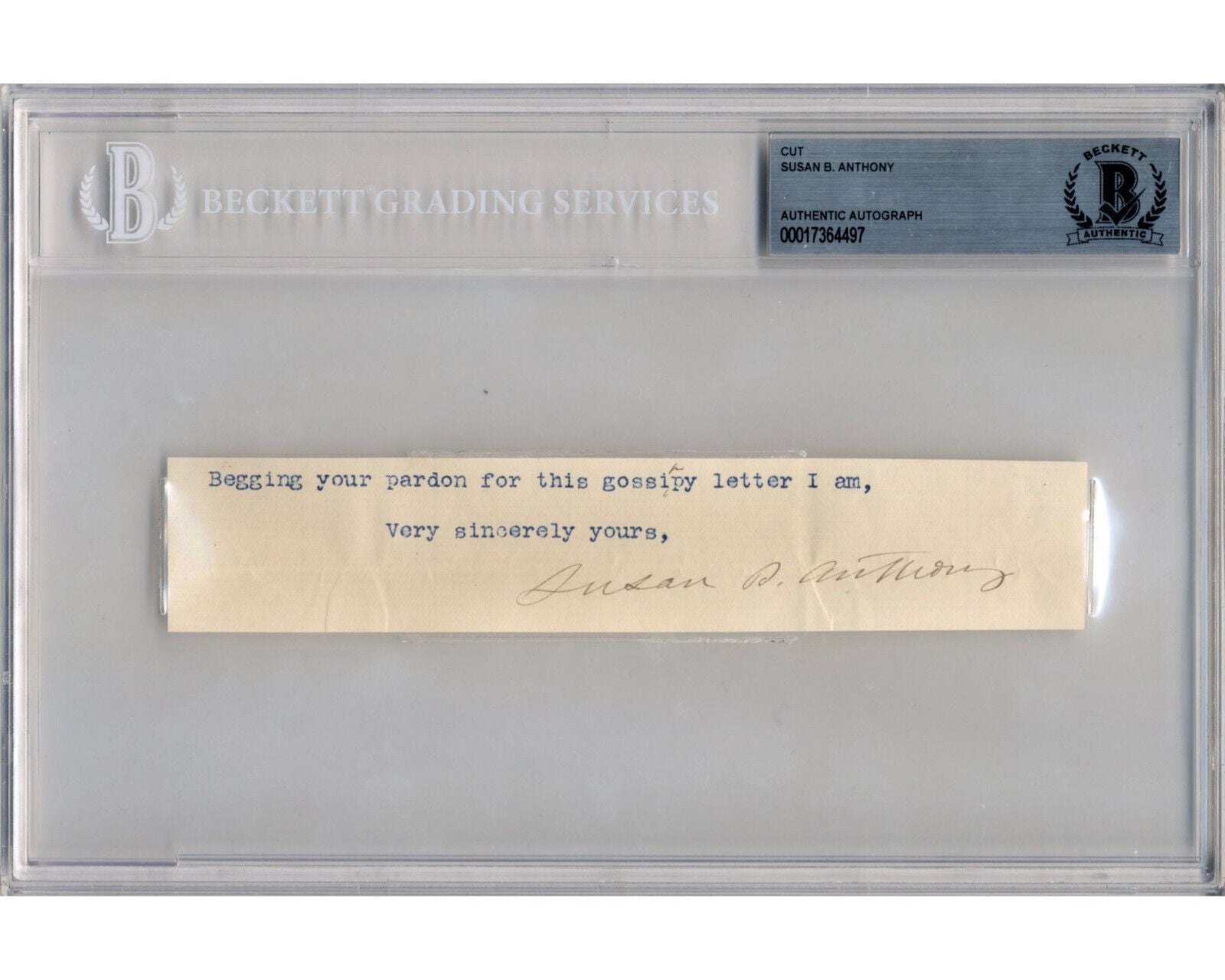 Women's Rights Pioneer Susan B. Anthony Signed Cut on "Gossipy Letter" BAS Auto