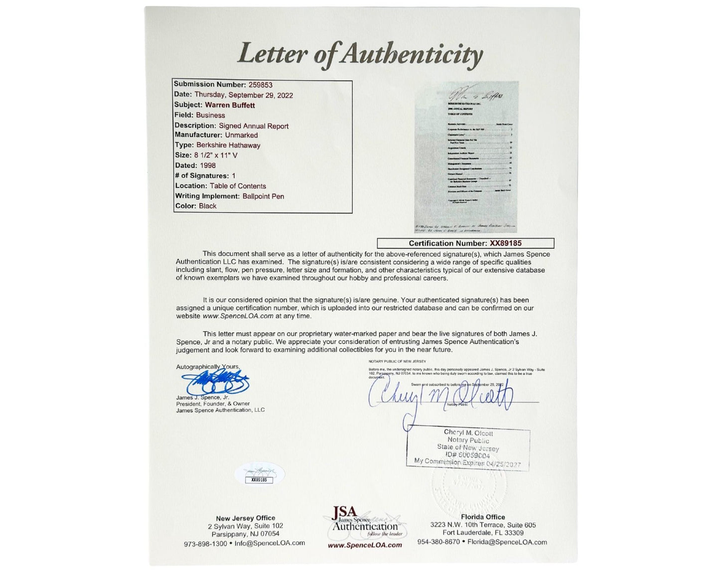 Warren Buffett Signed Berkshire Hathaway Annual Report JSA - The Best Buffett!