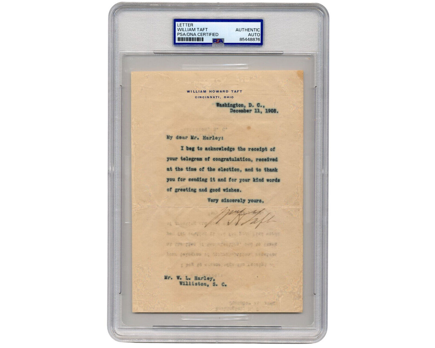 President WILLIAM H. TAFT Receives Election Congratulations! Signed Letter PSA