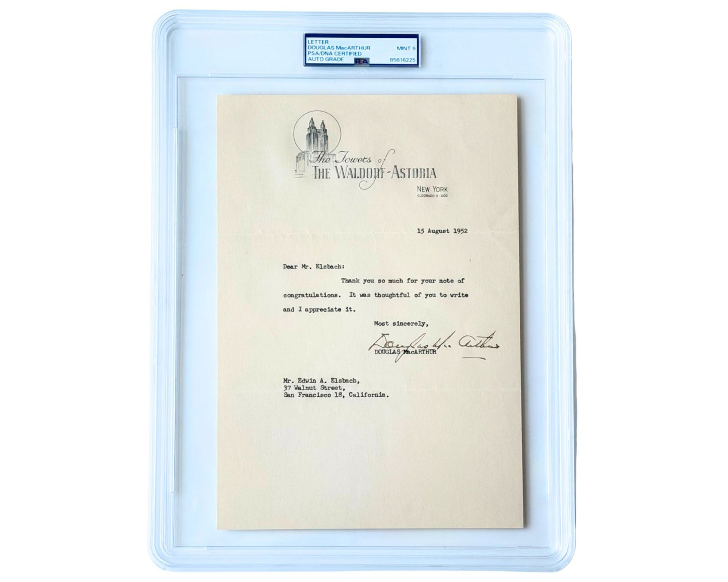 General Douglas MacArthur Signed Letter PSA Mint 9 Auto from Waldorf Astoria!