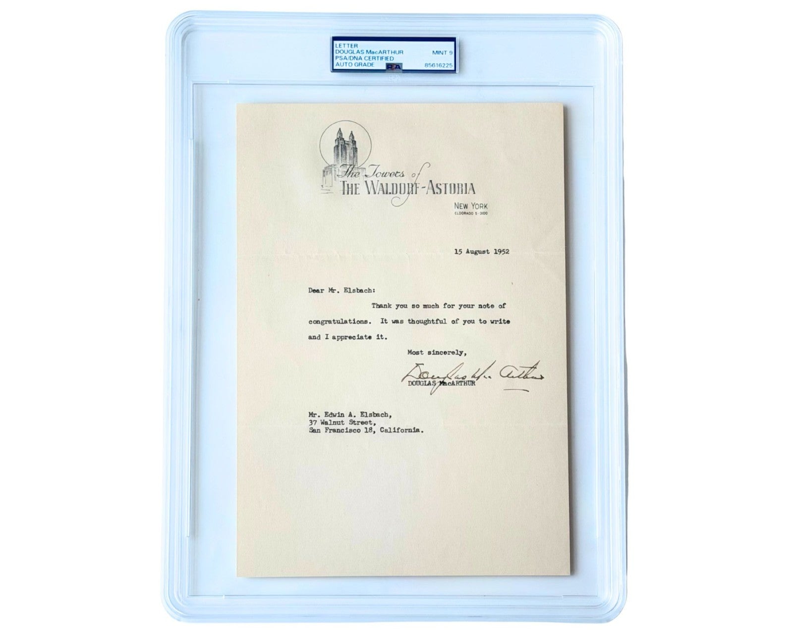 General Douglas MacArthur Signed Letter PSA Mint 9 Auto from Waldorf Astoria!