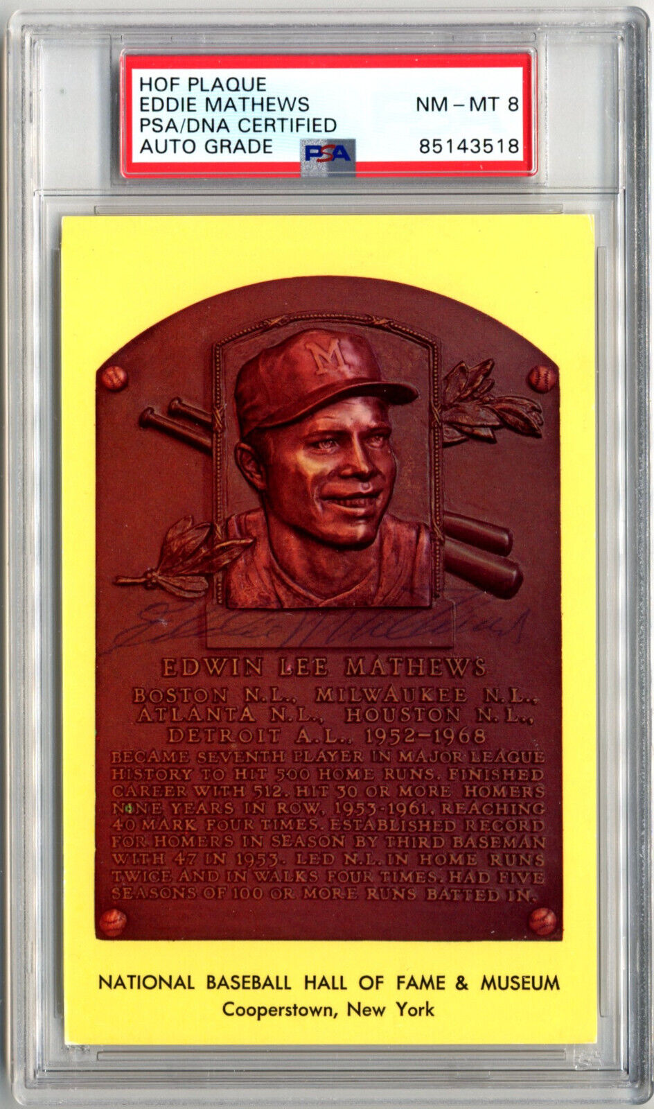 Eddie Matthews Signed HOF Post Card PSA 8 Auto, Braves