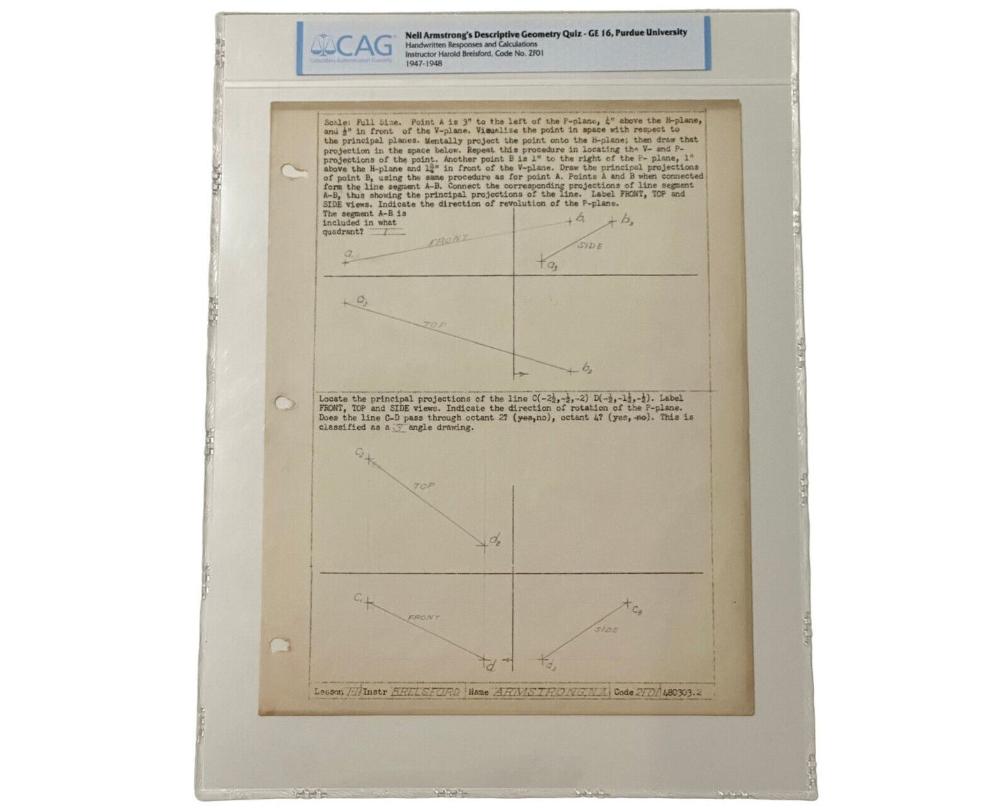Neil Armstrong Signed Geometry Quiz from Purdue! W/ Hand Drawn Calculations! CAG