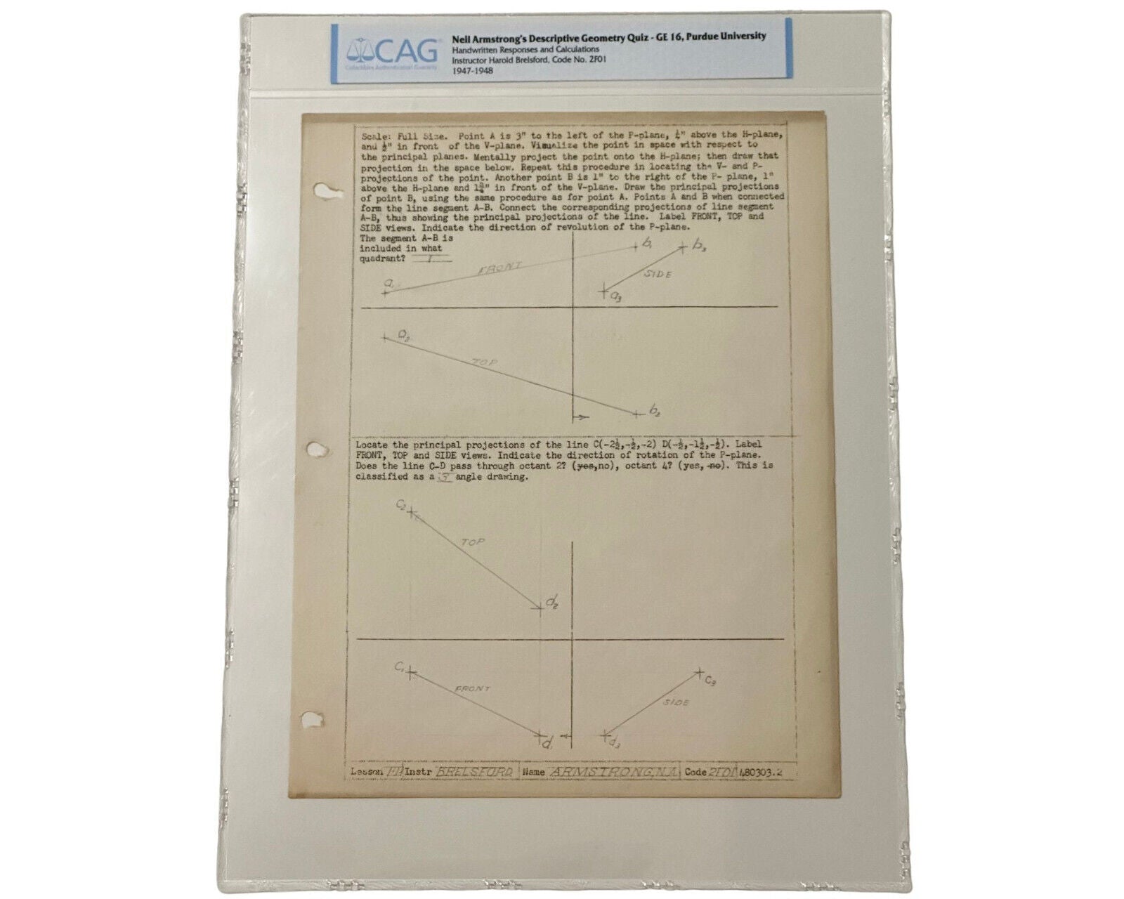 Neil Armstrong Signed Geometry Quiz from Purdue! W/ Hand Drawn Calculations! CAG