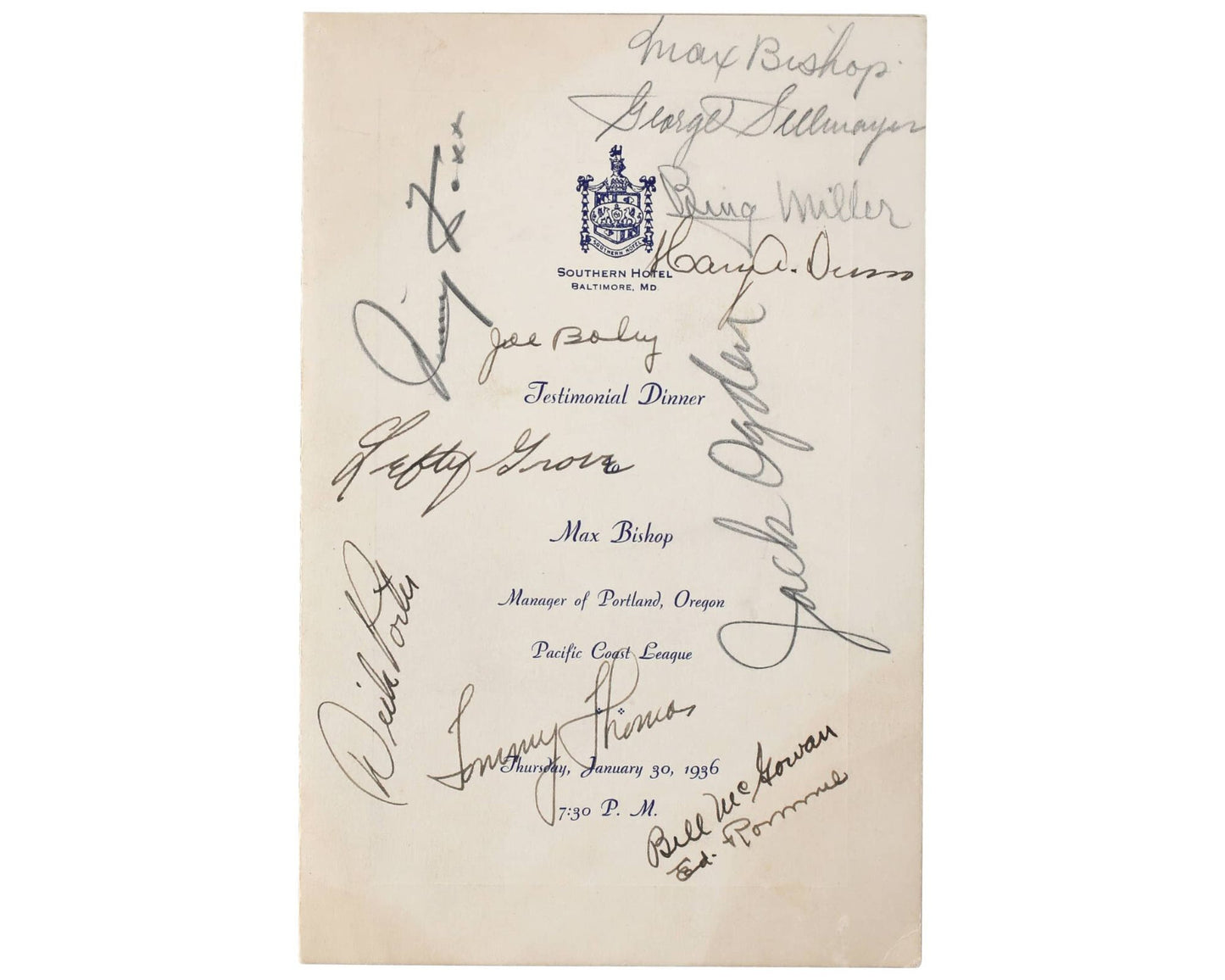 Jimmie Foxx, Lefty Grove, McGowan & 9 More Signed "Max Bishop" Program BAS Auto