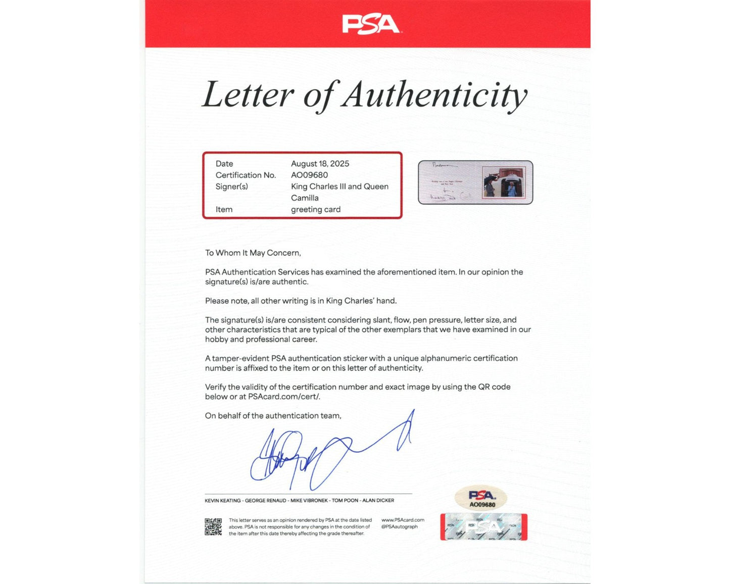 KING CHARLES III & QUEEN CONSORT CAMILLA Signed Christmas Card PSA Auto