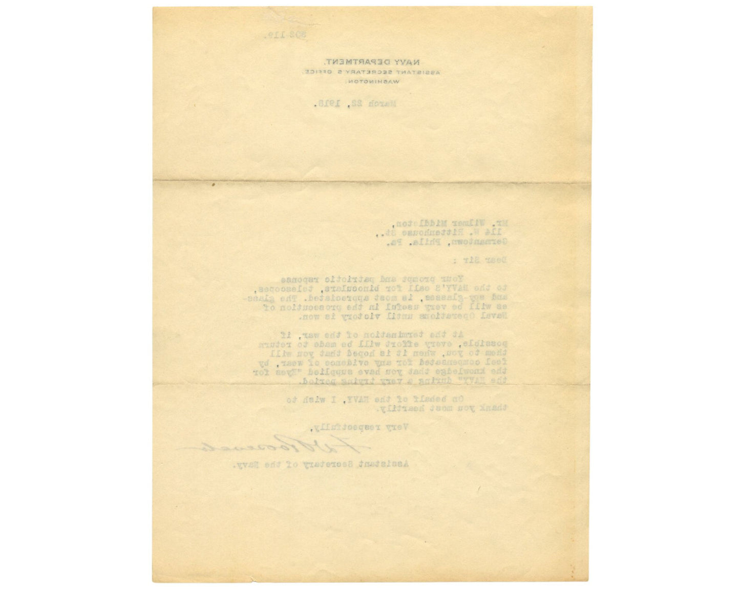 President Franklin Roosevelt Signed TLS Eyes for Navy "Until Victory is Won" PSA