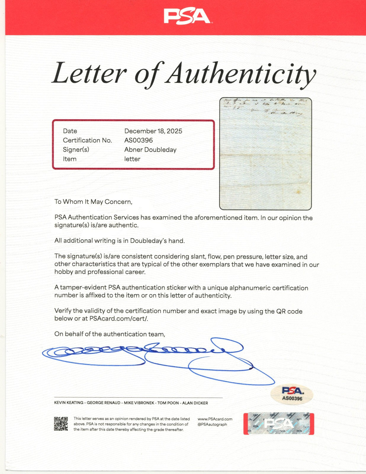 Incredible Abner Doubleday Signed Letter (ALS) On Mexican American War PSA & BAS