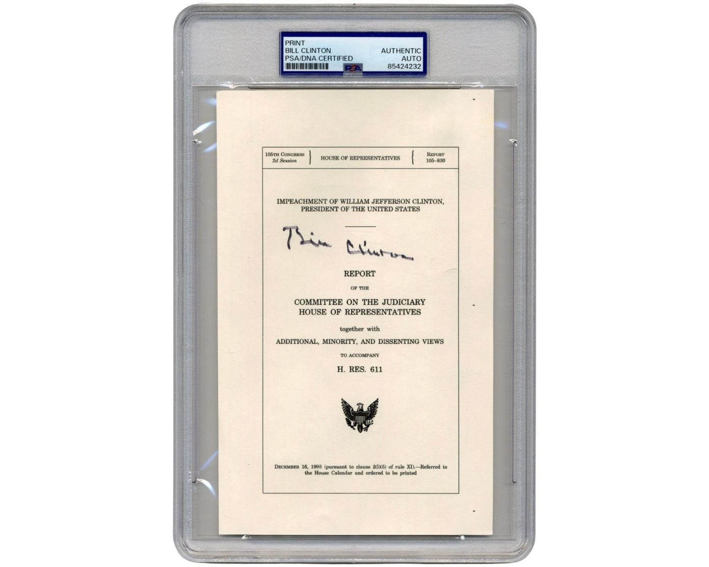 President Bill Clinton Signed Souvenir Typescript of Impeachment Report PSA Auto