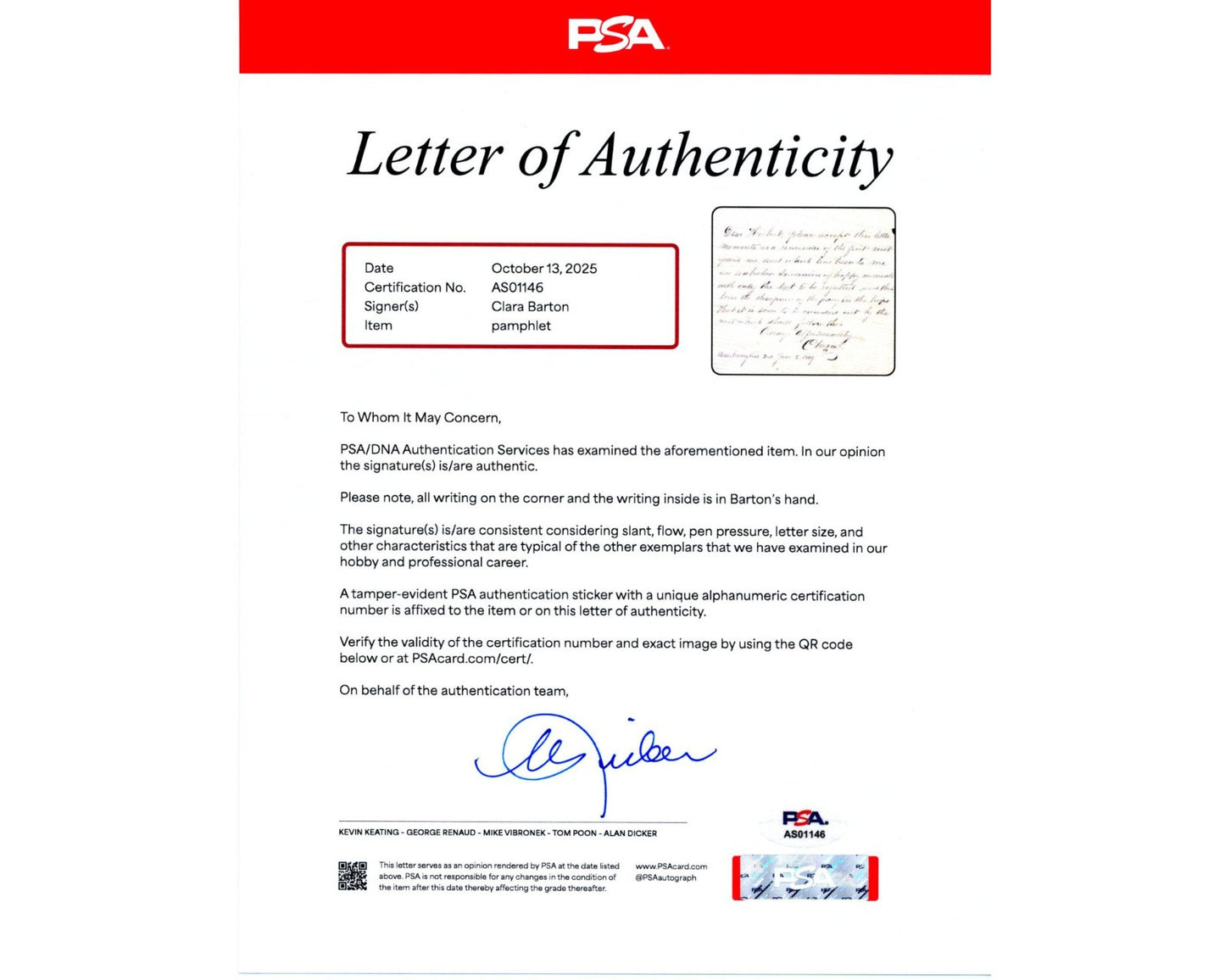 Clara Barton Gifts Red Cross Memento in Signed Note to Family Confidant PSA Auto