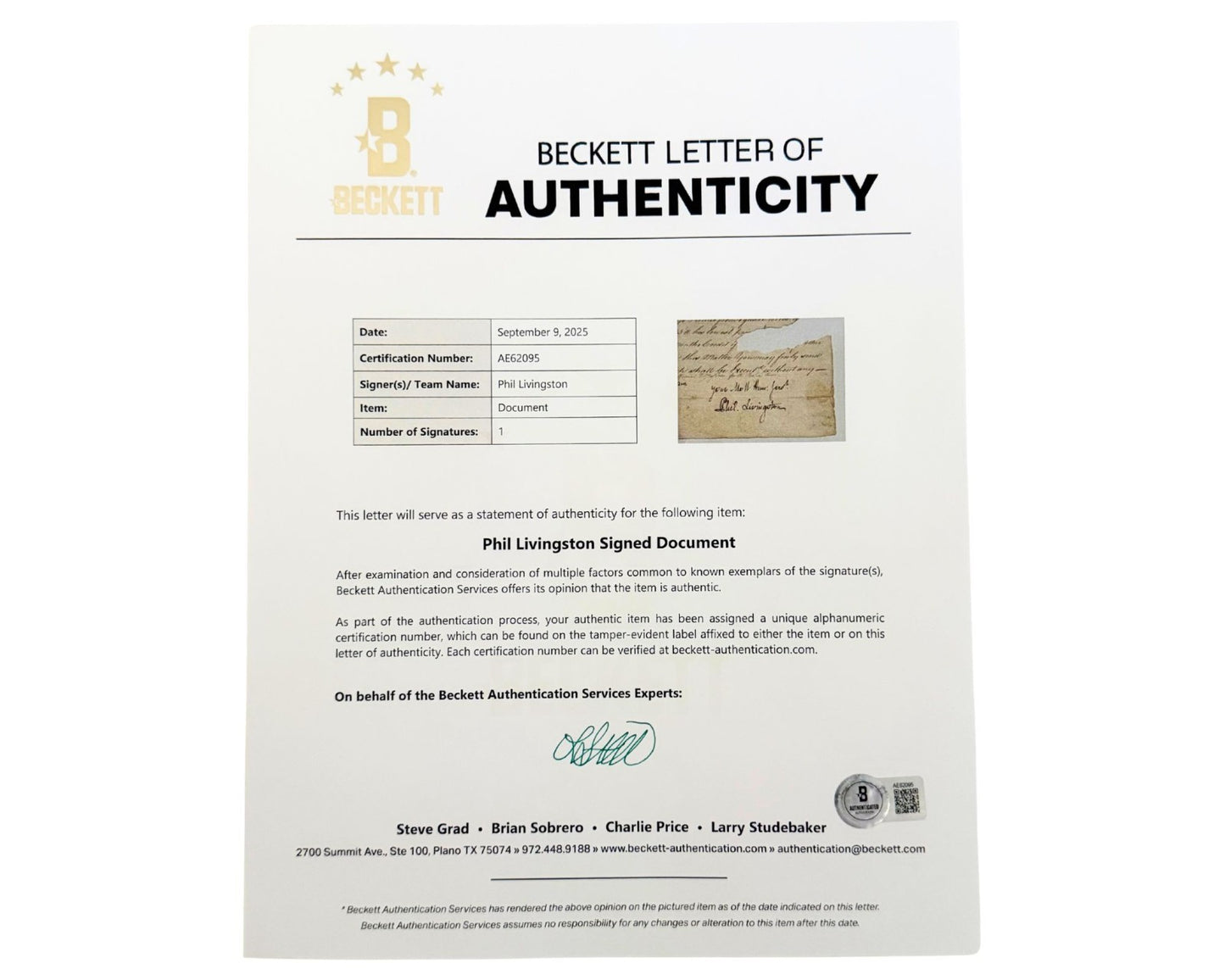 Declaration of Independence Signer Philip Livingstone Bold Signed Document BAS