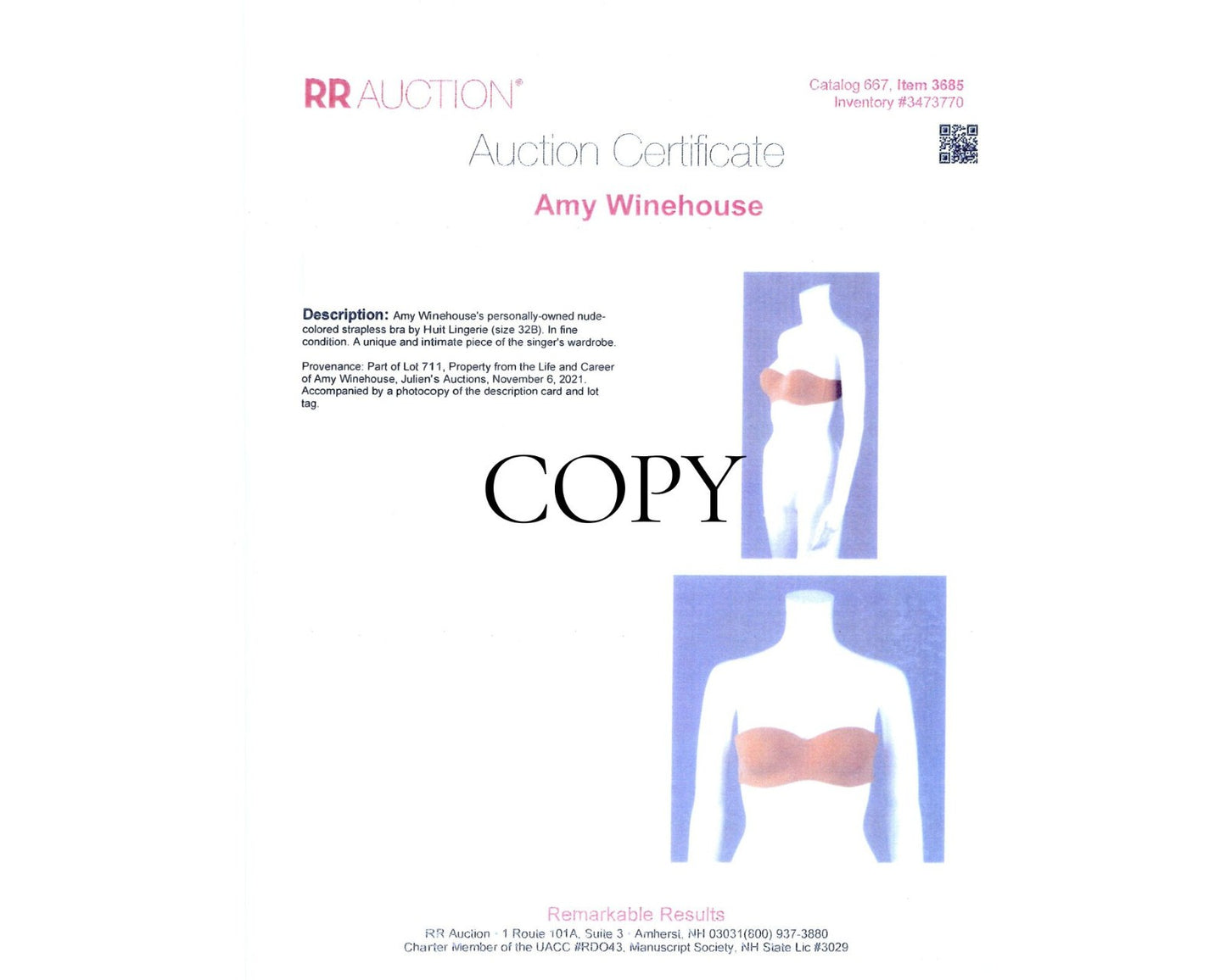 Amy Winehouse's Personally Owned Bra Fabric - Removed from Cup! Ex. Juliens, RR