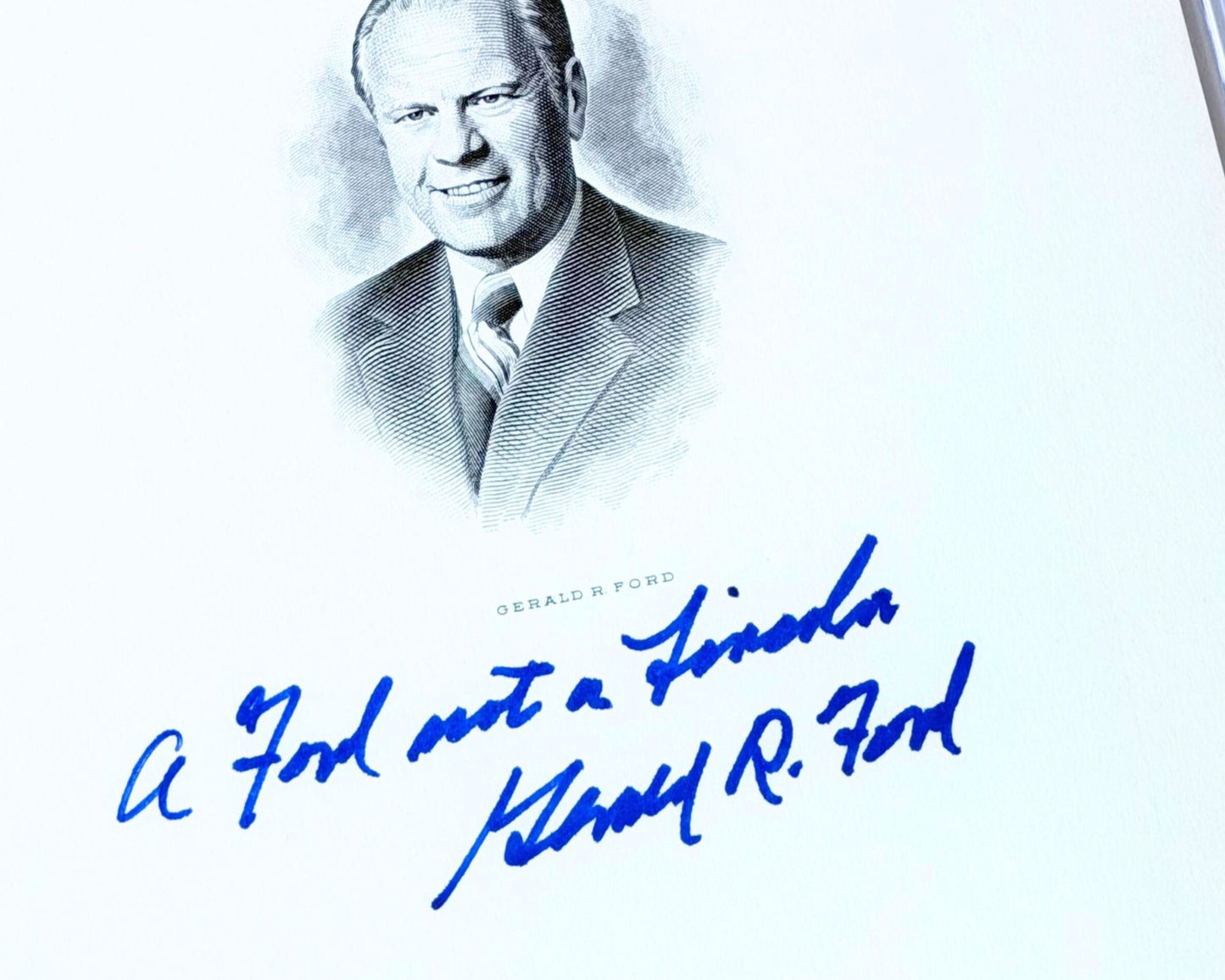 President Gerald Ford Signed Engraving "A Ford not a Lincoln" PSA Gem Mint 10