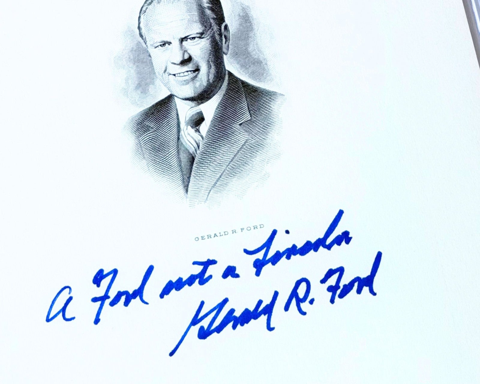 President Gerald Ford Signed Engraving "A Ford not a Lincoln" PSA Gem Mint 10