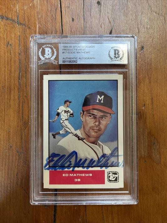 1984-85 Sports Design Eddie Mathews Auto Signed Card Beckett Certified BAS