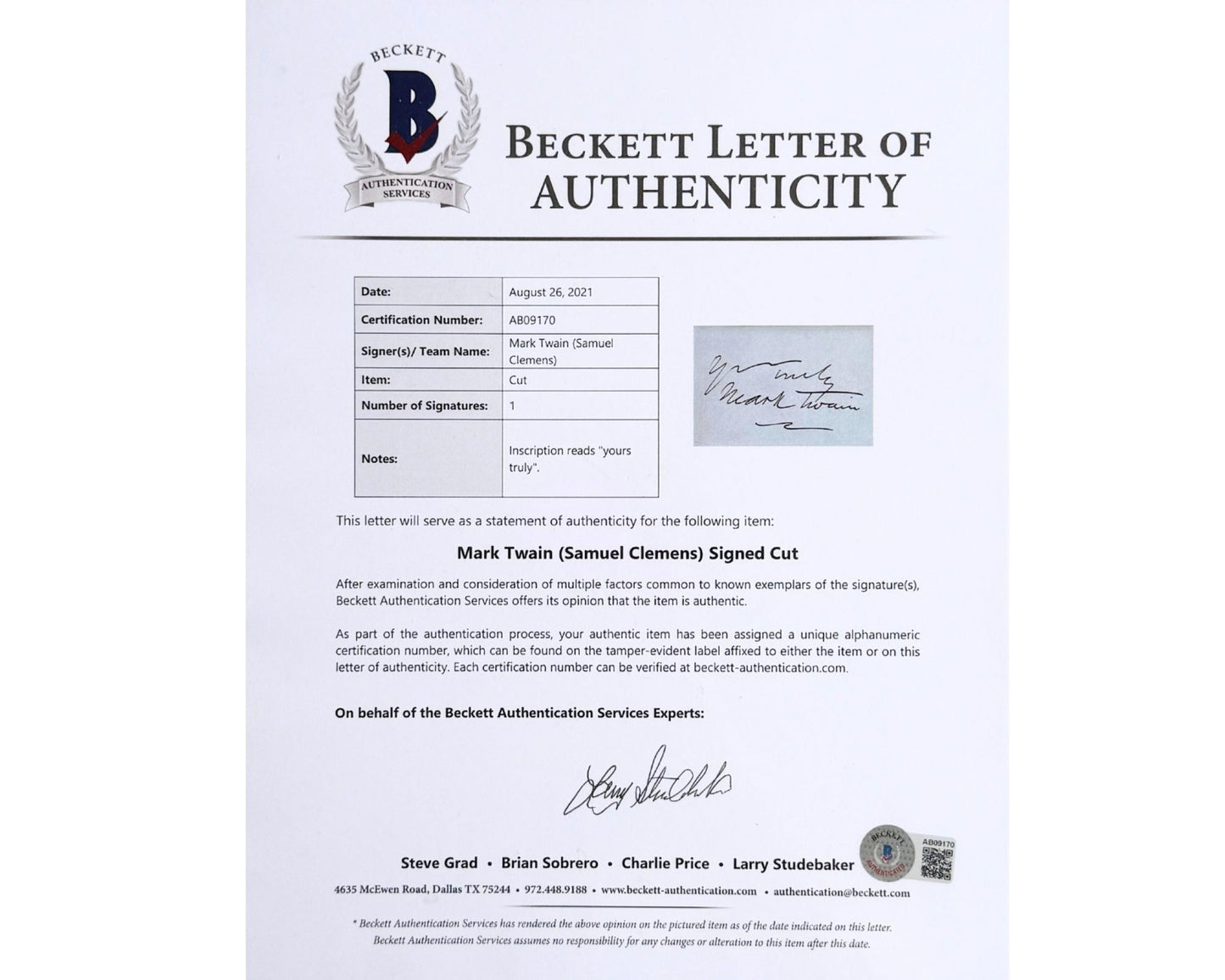 Gorgeous SAMUEL CLEMENS aka MARK TWAIN Signed & Framed Display BAS Auto