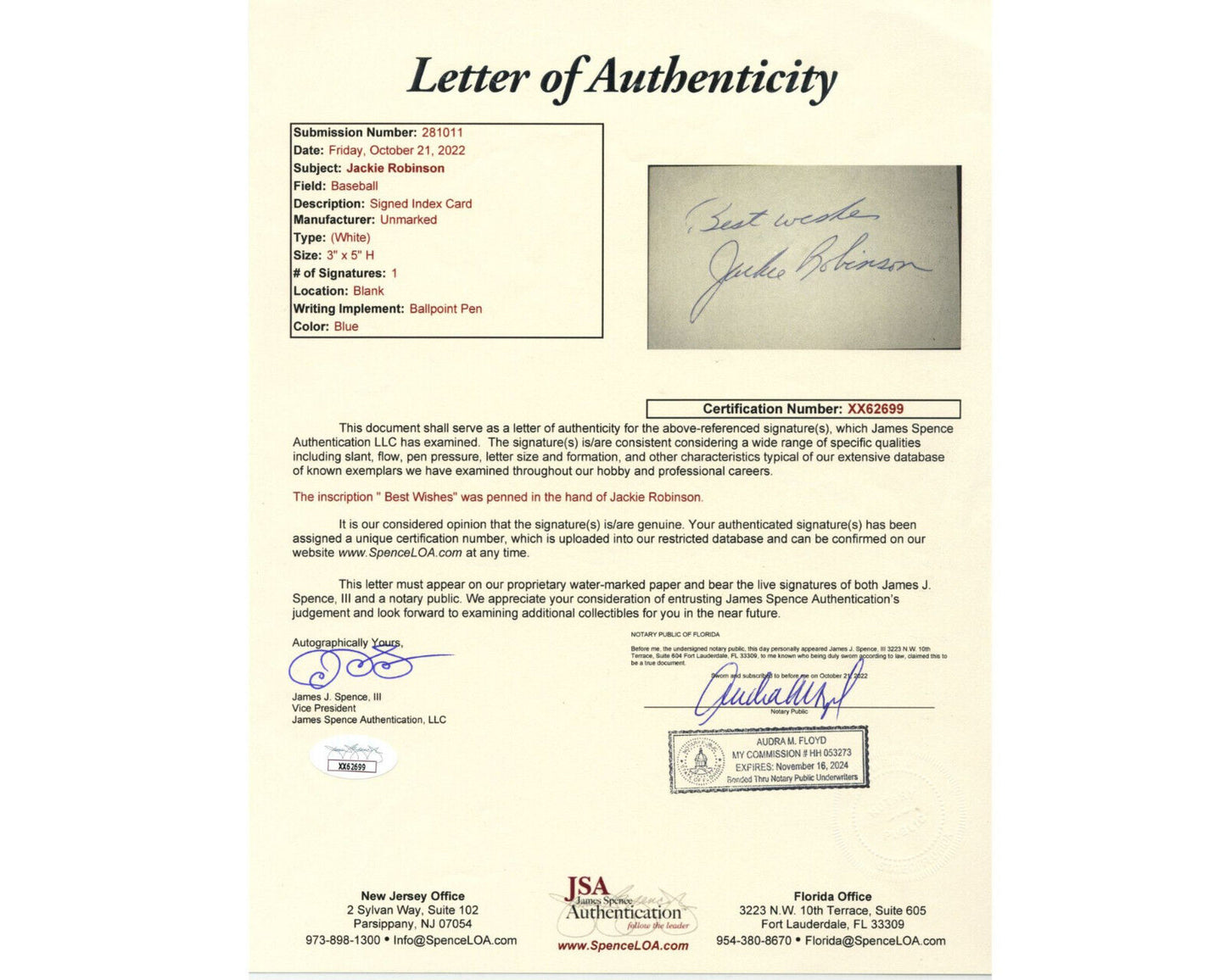 Gorgeous Jackie Robinson Signed Index Card - Large Example! JSA Authentic Auto