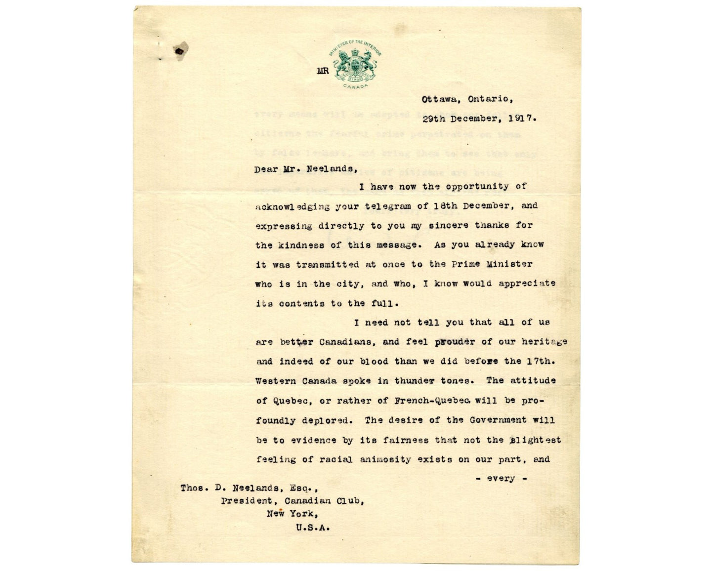 Canada P.M. ARTHUR MEIGHEN Signed Letter "Better Canadians...racial animosity"