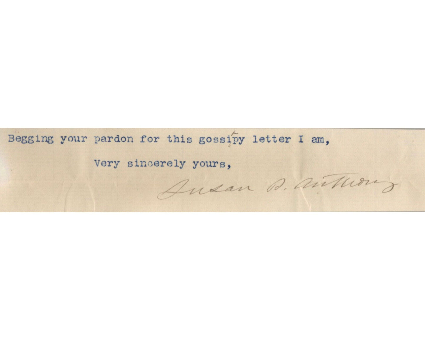 Women's Rights Pioneer Susan B. Anthony Signed Cut on "Gossipy Letter" BAS Auto