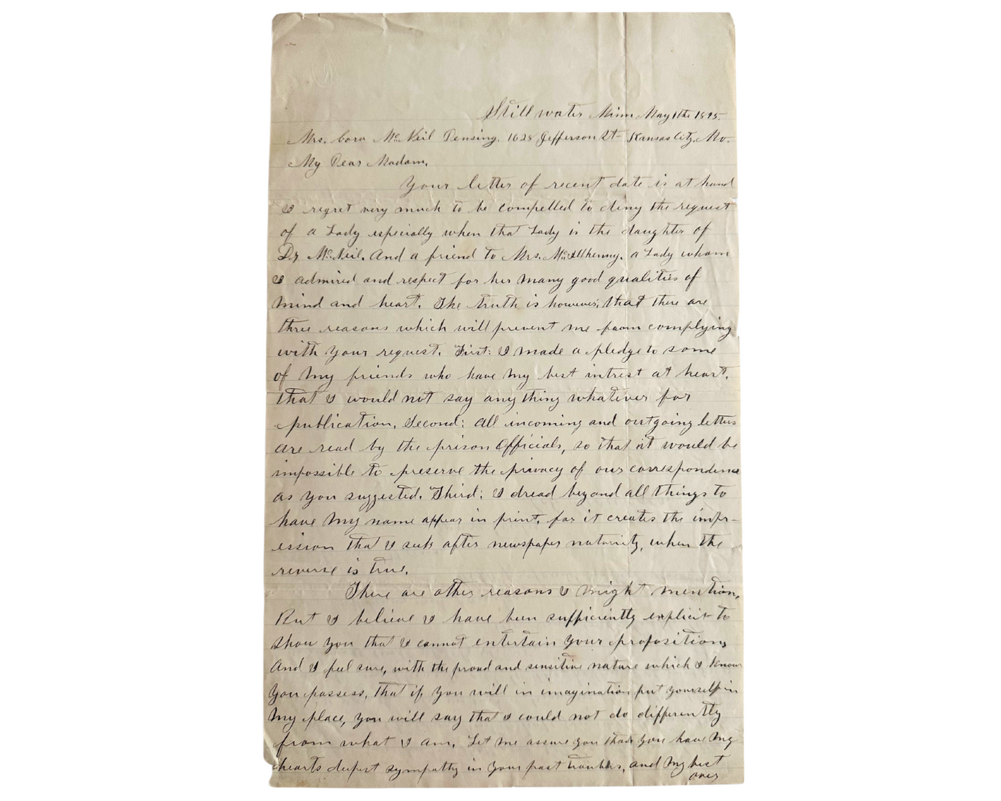 Outlaw COLE YOUNGER Rare Signed Letter from Prison!