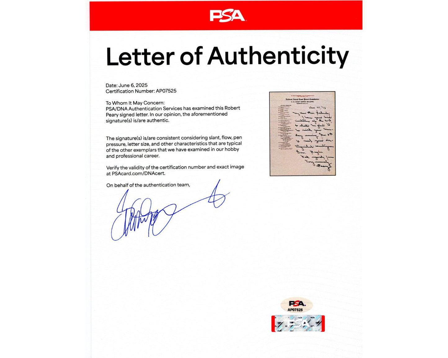 North Pole Explorer Robert E. Peary Signed Letter PSA Auto