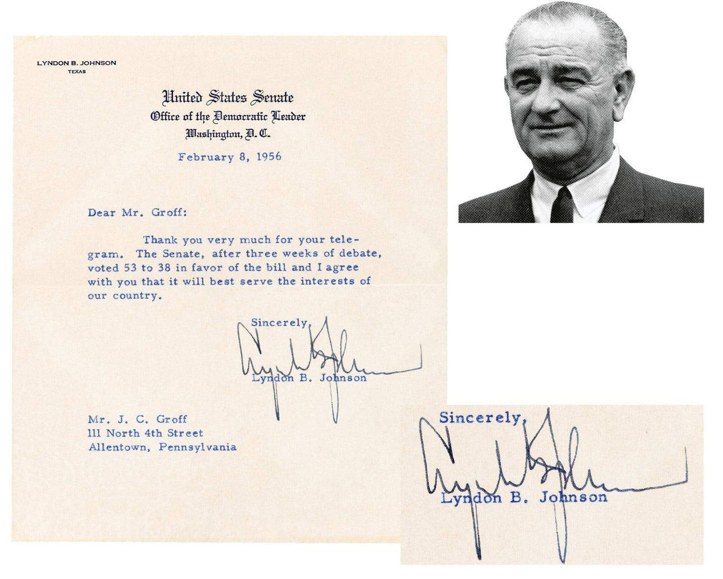 President Lyndon B. Johnson Signed Letter on Natural Gas Deregulation Bill JSA