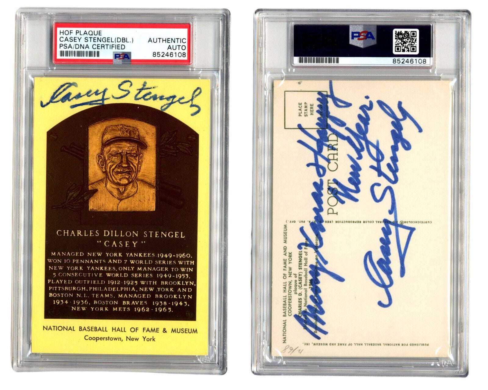 Casey Stengel Twice Signed HOF Post Card PSA Auto "Merry Xmas Happy New Year!"