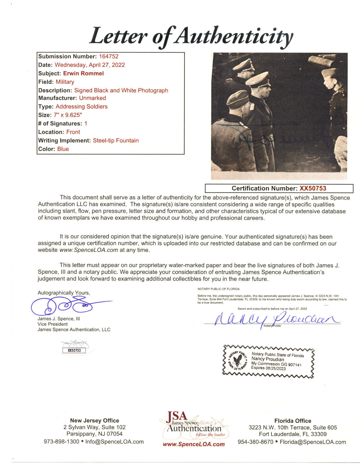JSA for Erwin Rommel Signed Original WWII Photograph Prep for Allied D-Day invasion JSA