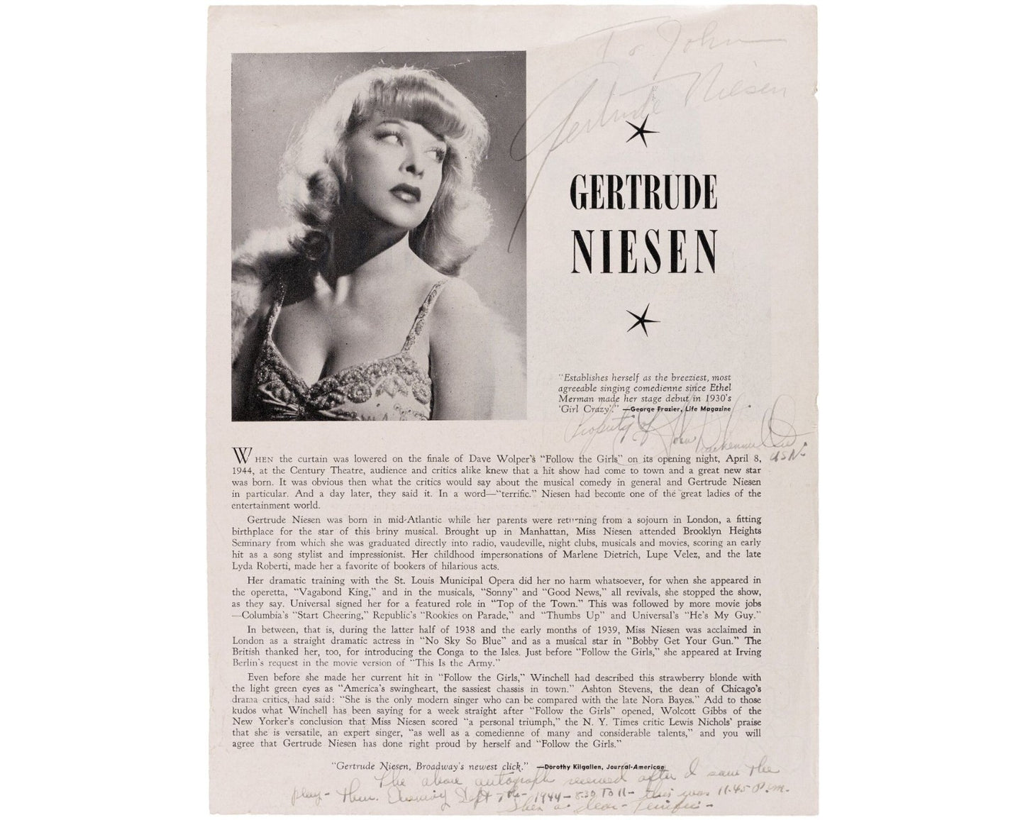 Jackie Gleason Signed Program w/ Gertrude Niesen, "The Honeymooners!" JSA Auto