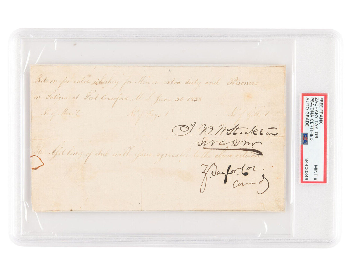 President Zachary Taylor Signed Doc for Black Hawk War Whiskey Rations PSA 9