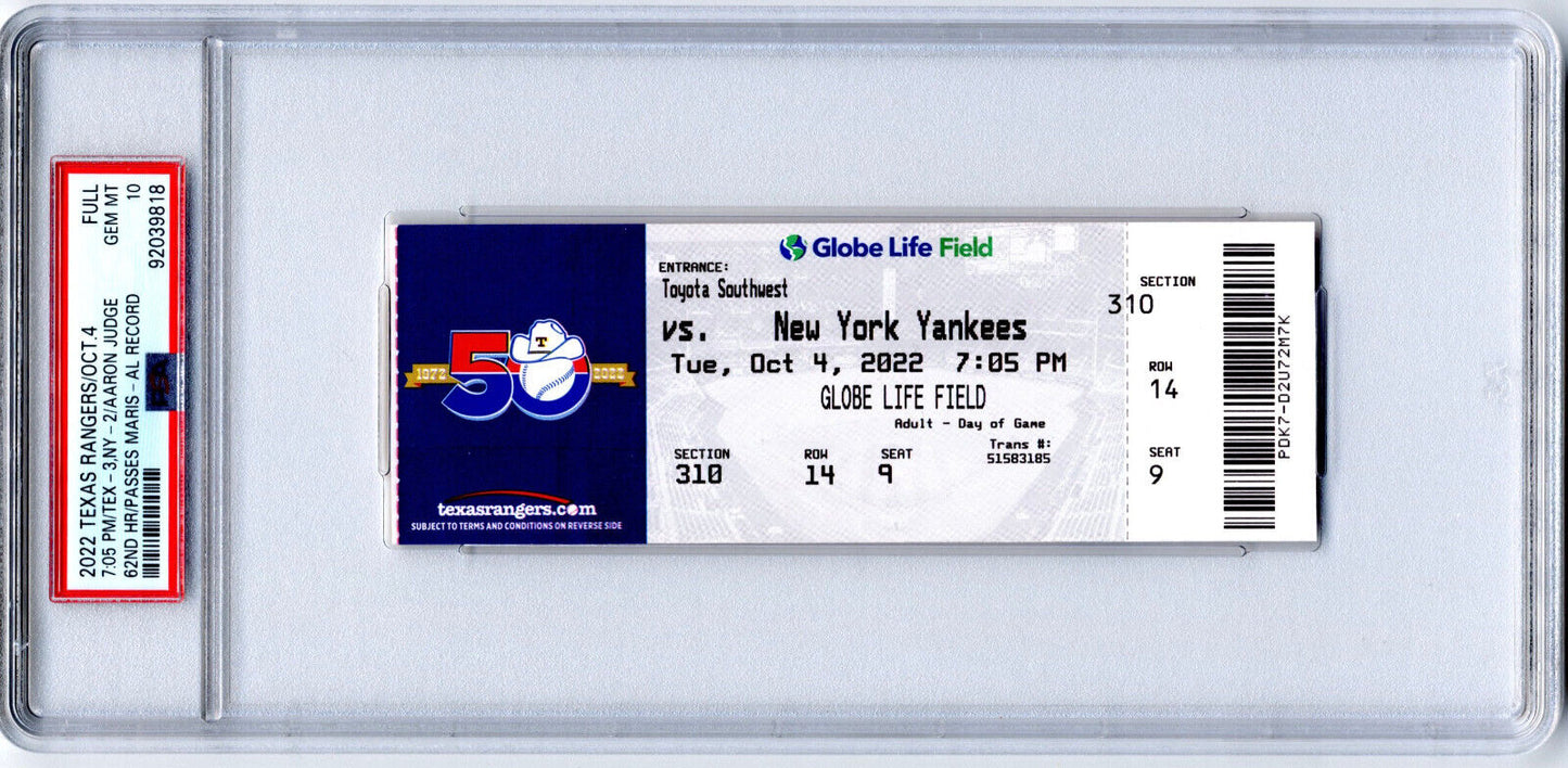 2022 Aaron Judge Yankees FULL Ticket 62ND HR/Passes Maris PSA Gem Mint 10