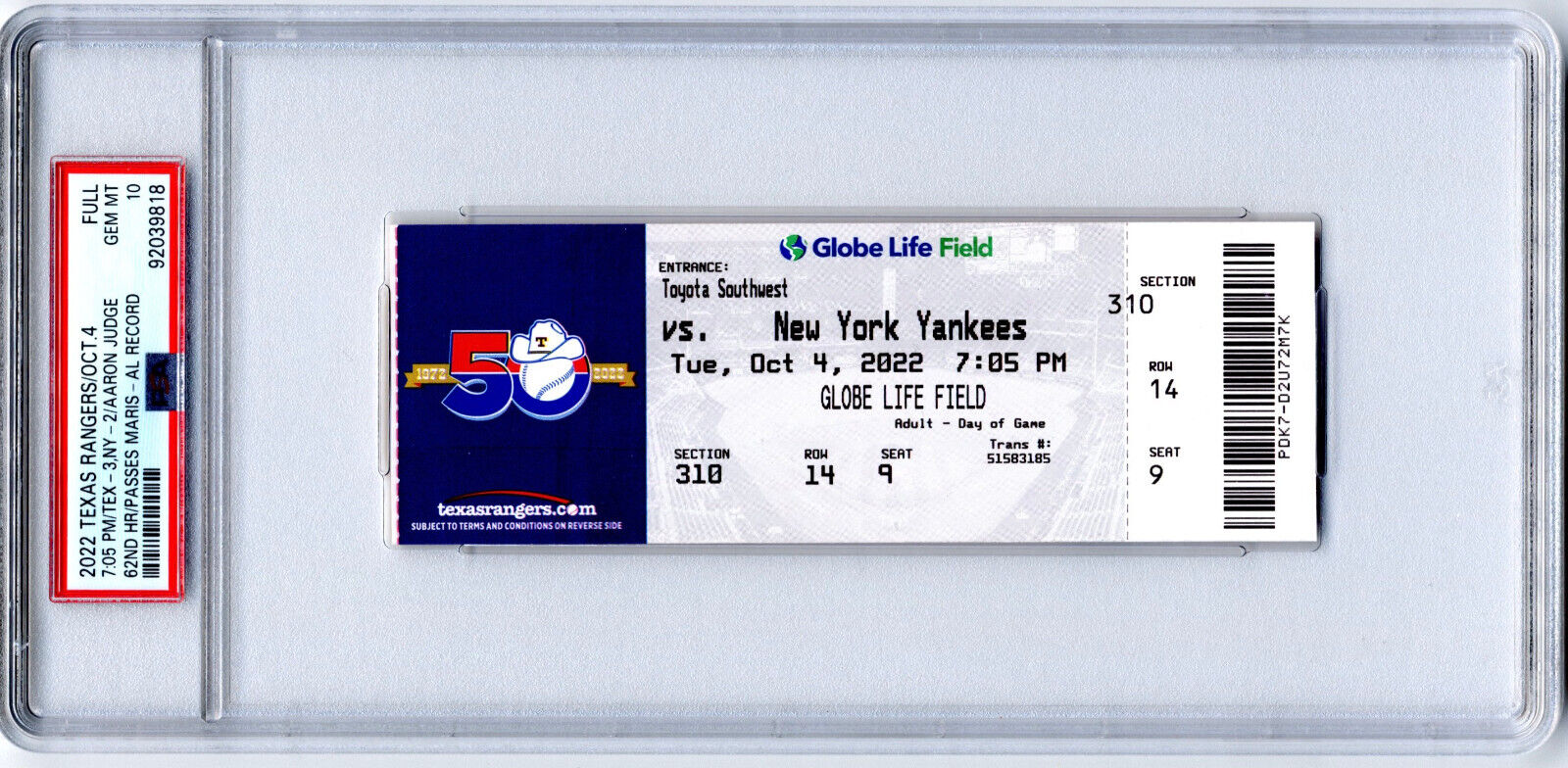 2022 Aaron Judge Yankees FULL Ticket 62ND HR/Passes Maris PSA Gem Mint 10