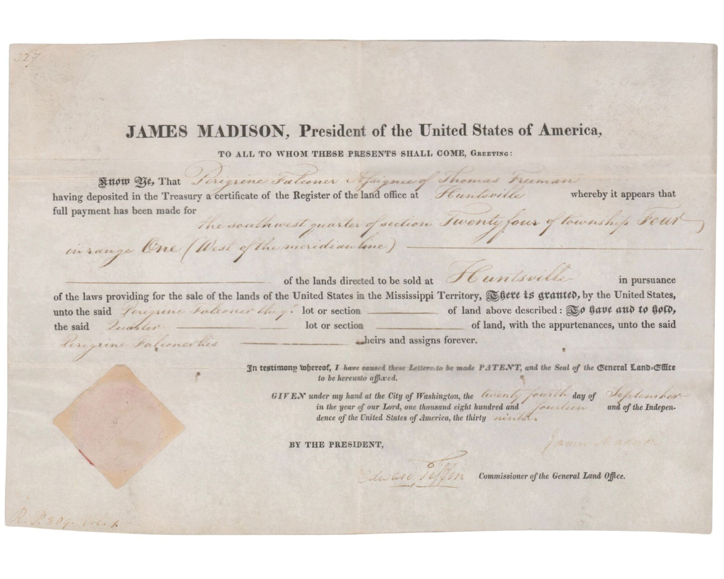 President JAMES MADISON Signed Mississippi / Alabama Land Grant JSA Auto