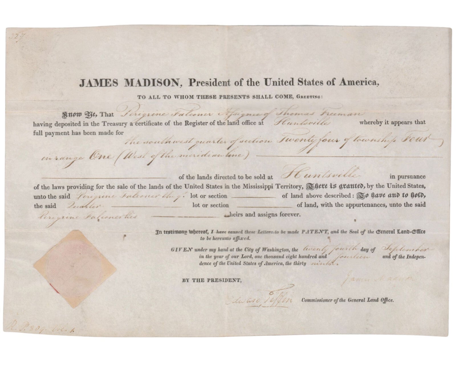 President JAMES MADISON Signed Mississippi / Alabama Land Grant JSA Auto