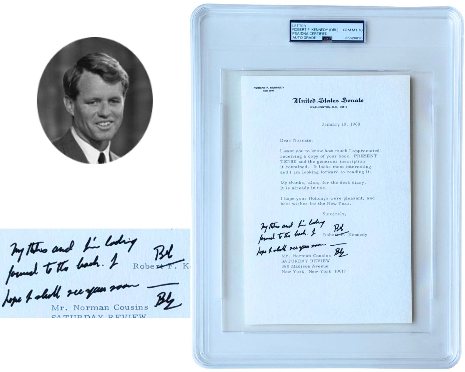 Attorney General Robert F. Kennedy Twice Signed Letter PSA Gem Mint 10