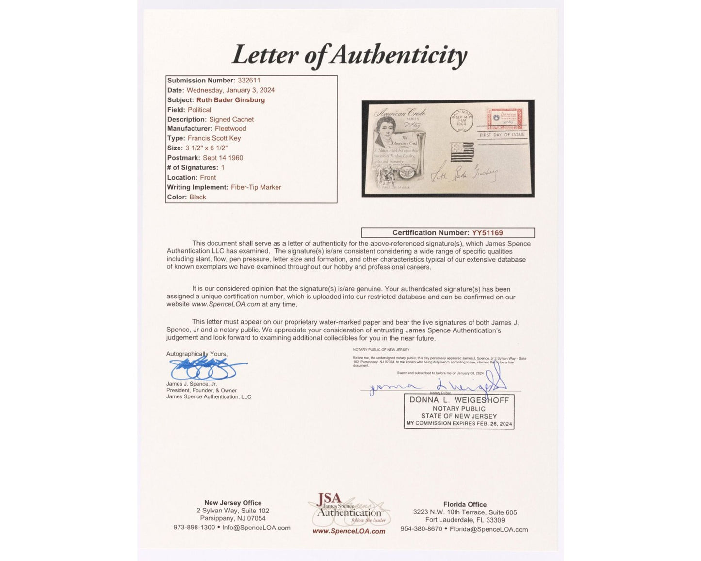 Supreme Court Justice Ruth Bader Ginsburg Signed First Day Cover JSA - Gorgeous!
