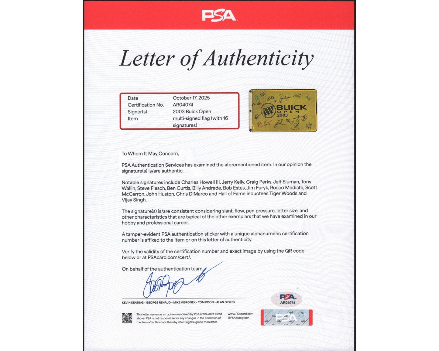 Tiger Woods, Vijay Singh & 14 More Signed 2003 Buick Open Flag PSA Auto