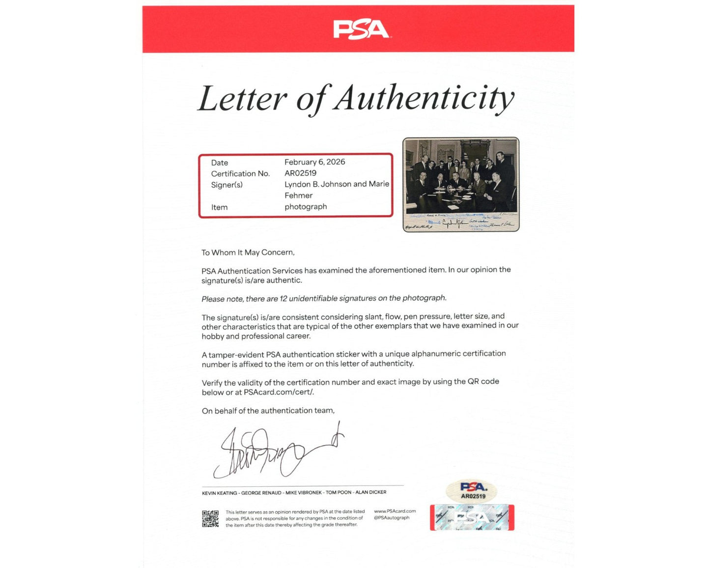 Lyndon Johnson, Maxwell Hunter & 12 More National Space Council Team Signed PSA