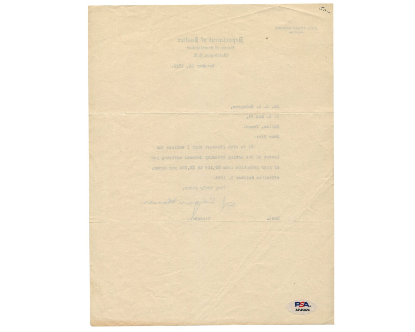 FBI Dir. J. Edgar Hoover Signed Letter Promoting FBI Agent! Early Example! PSA
