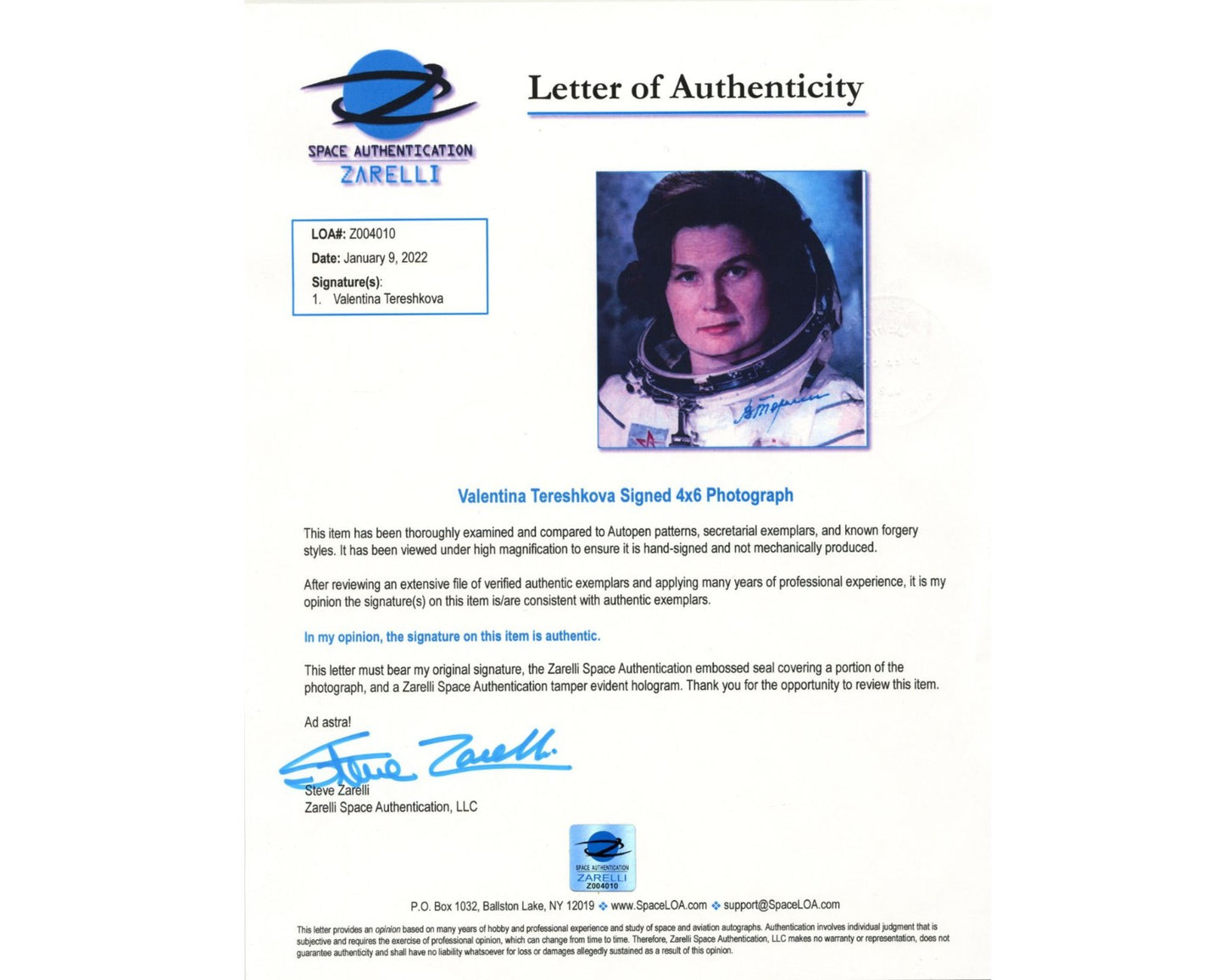 First Lady In Space Valentina Tereshkova Signed Photo Zarelli Authentication