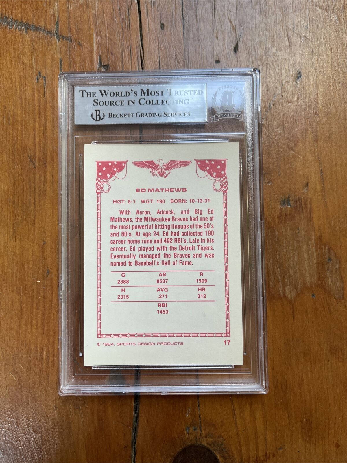 1984-85 Sports Design Eddie Mathews Auto Signed Card Beckett Certified BAS