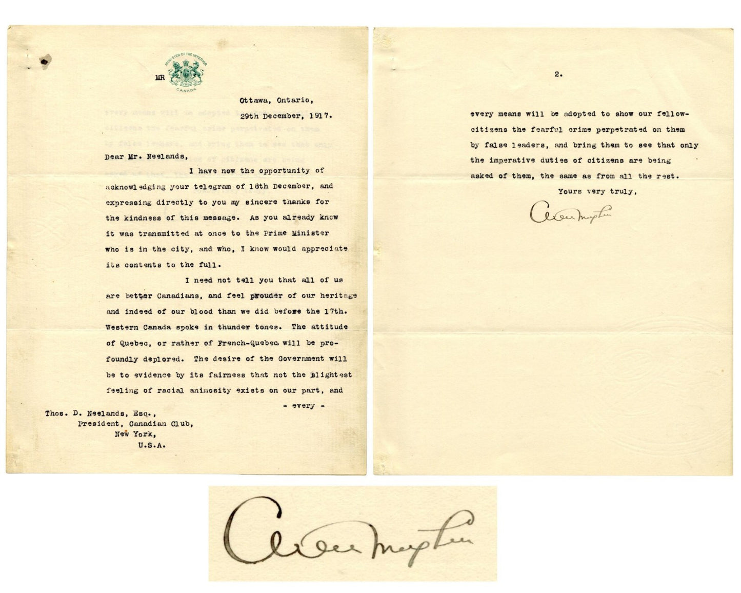 Canada P.M. ARTHUR MEIGHEN Signed Letter "Better Canadians...racial animosity"