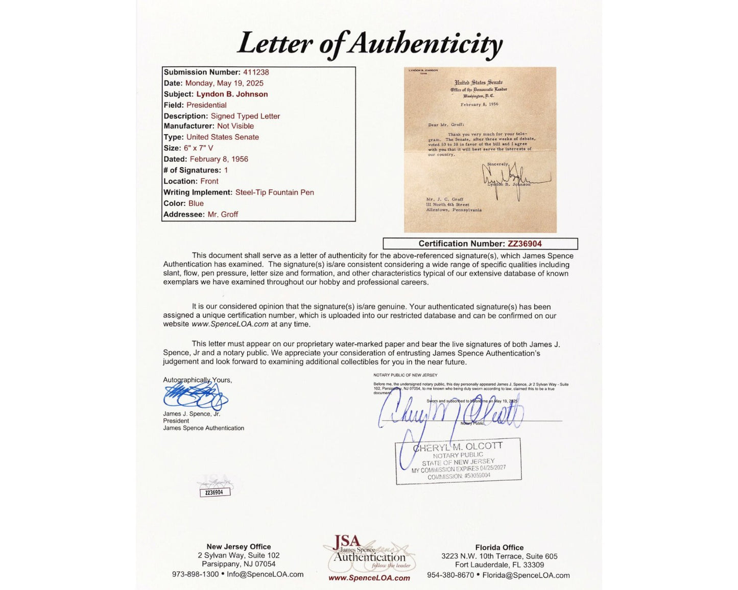 President Lyndon B. Johnson Signed Letter on Natural Gas Deregulation Bill JSA