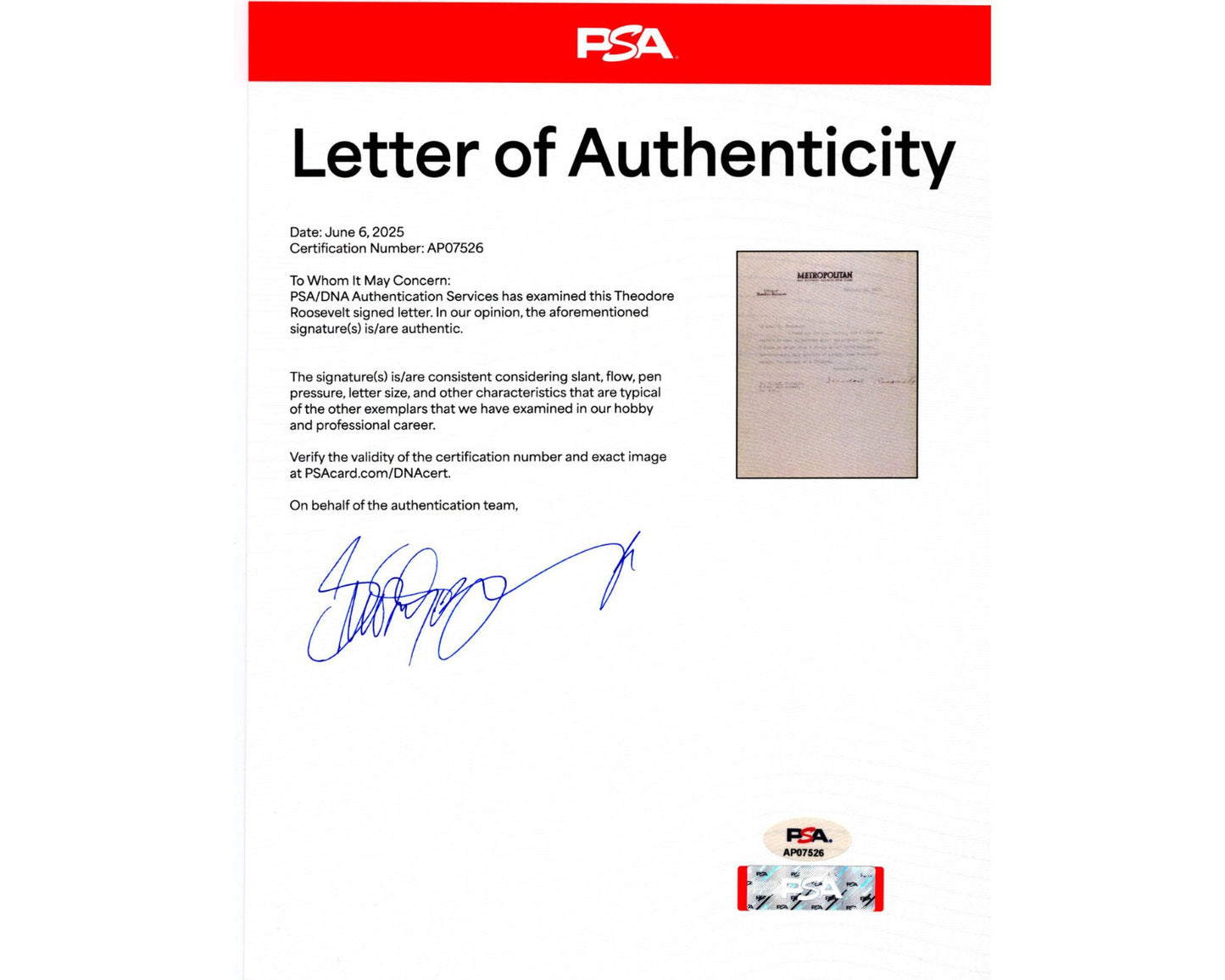 President Theodore Roosevelt Seeks to Re-Enter Combat PSA Historic Signed Letter