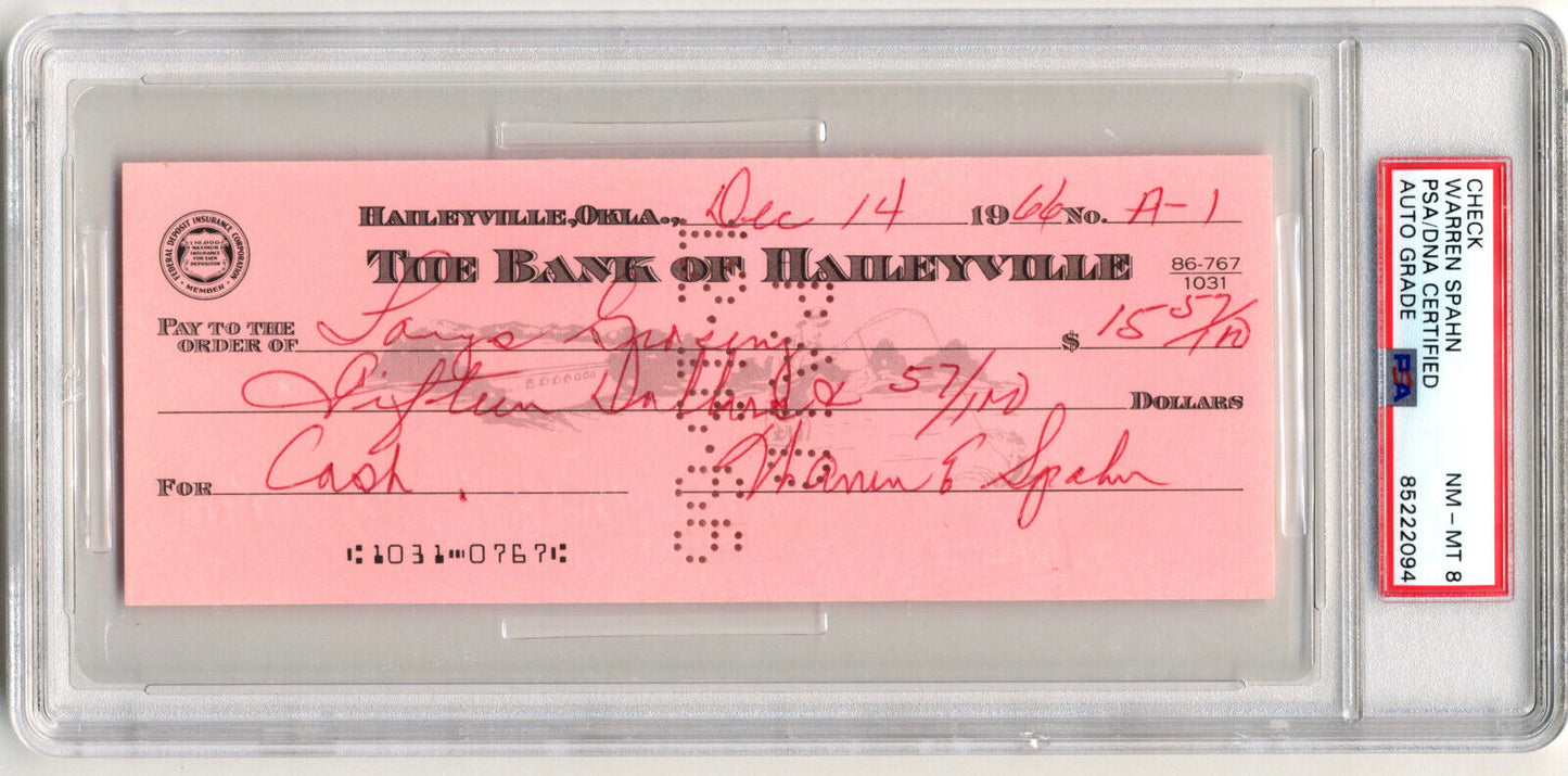 Warren Spahn Signed Auto Autograph Check PSA 8 HOF BRAVES