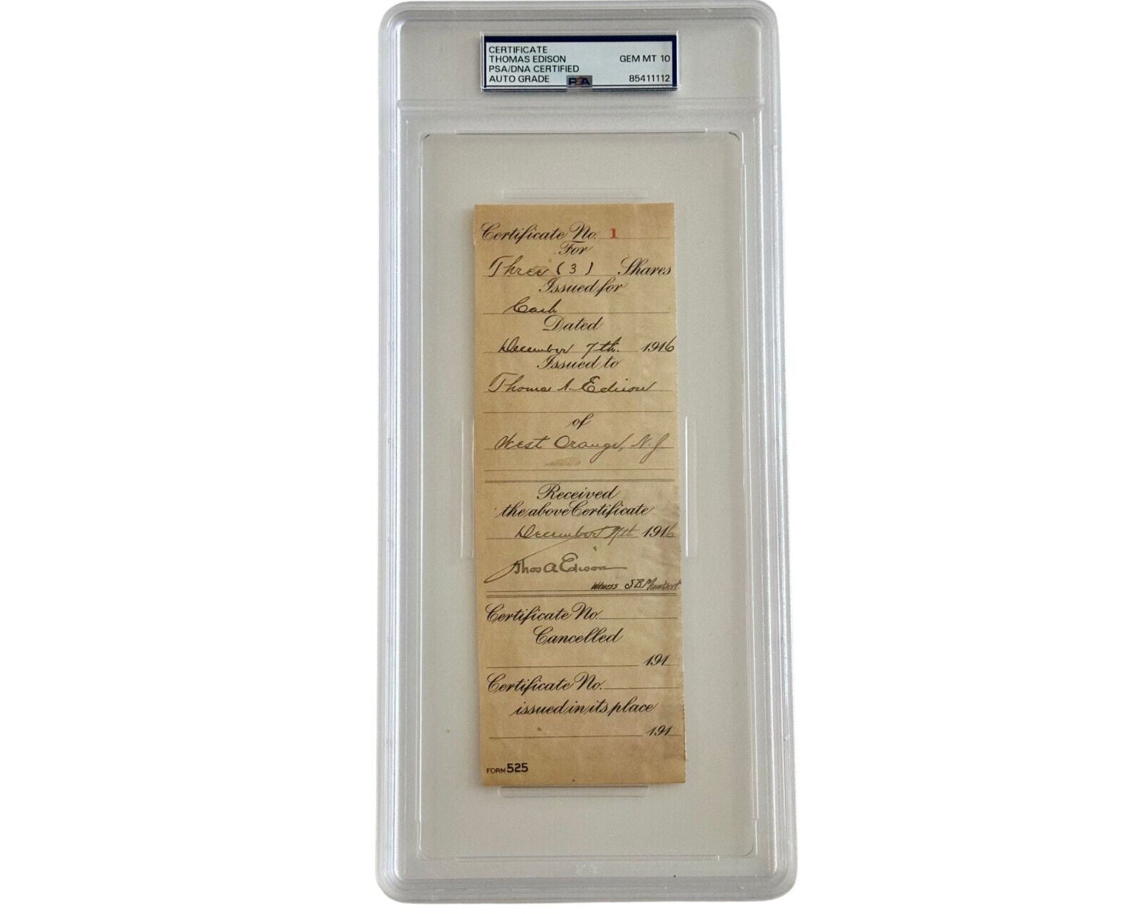 THOMAS EDISON Signed Stock Certificate Cut Signature PSA Gem Mint 10 Auto